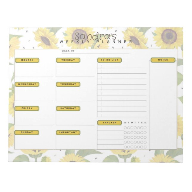 Sunflower Personalized Weekly Planner Notepad (Front)