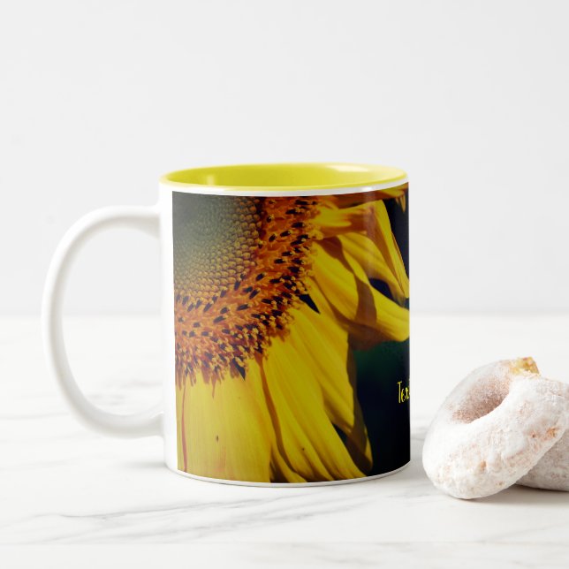 Sunflower Petals Floral Personalized Two-Tone Coffee Mug (With Donut)