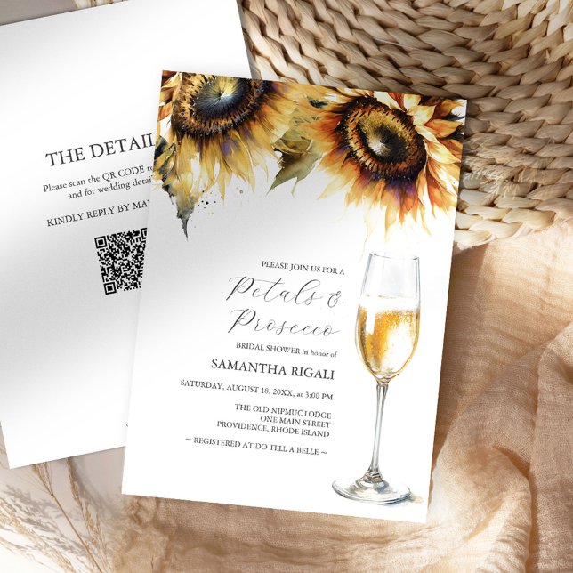 Sunflower Petals & Prosecco Bridal Shower QR code (Petals and Prosecco bridal shower invitations with qr-code and sunflowers by Victoria Grigaliunas)