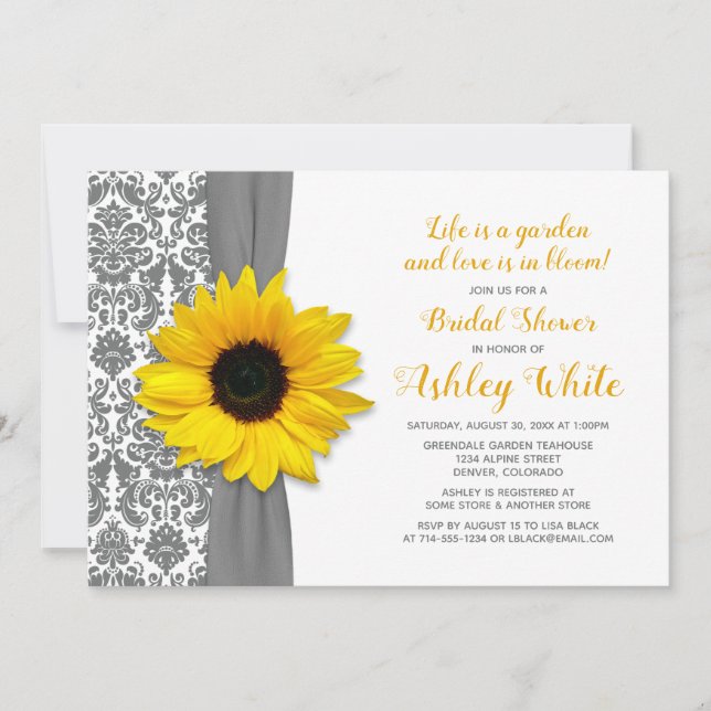 Sunflower Pewter Grey Damask Bridal Shower Invite (Front)
