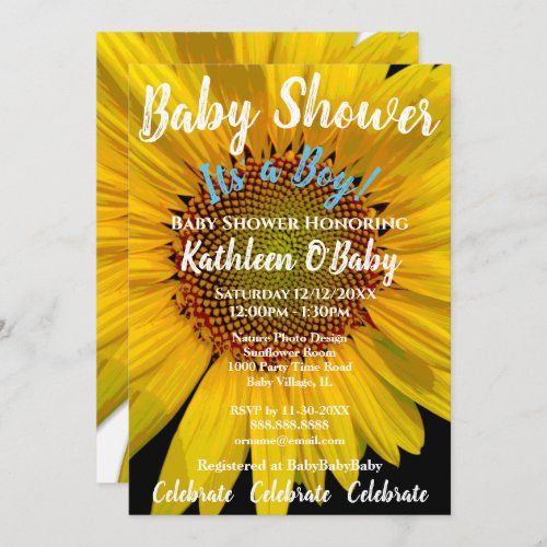 SUNFLOWER PHOTO BABY BOY SHOWER INVITATION