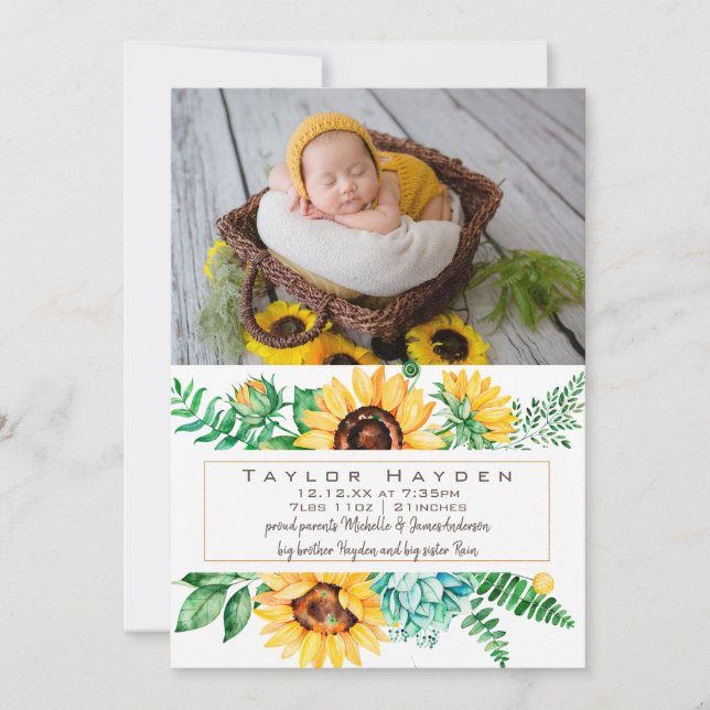 Sunflower Photo Birth Announcement (Front)