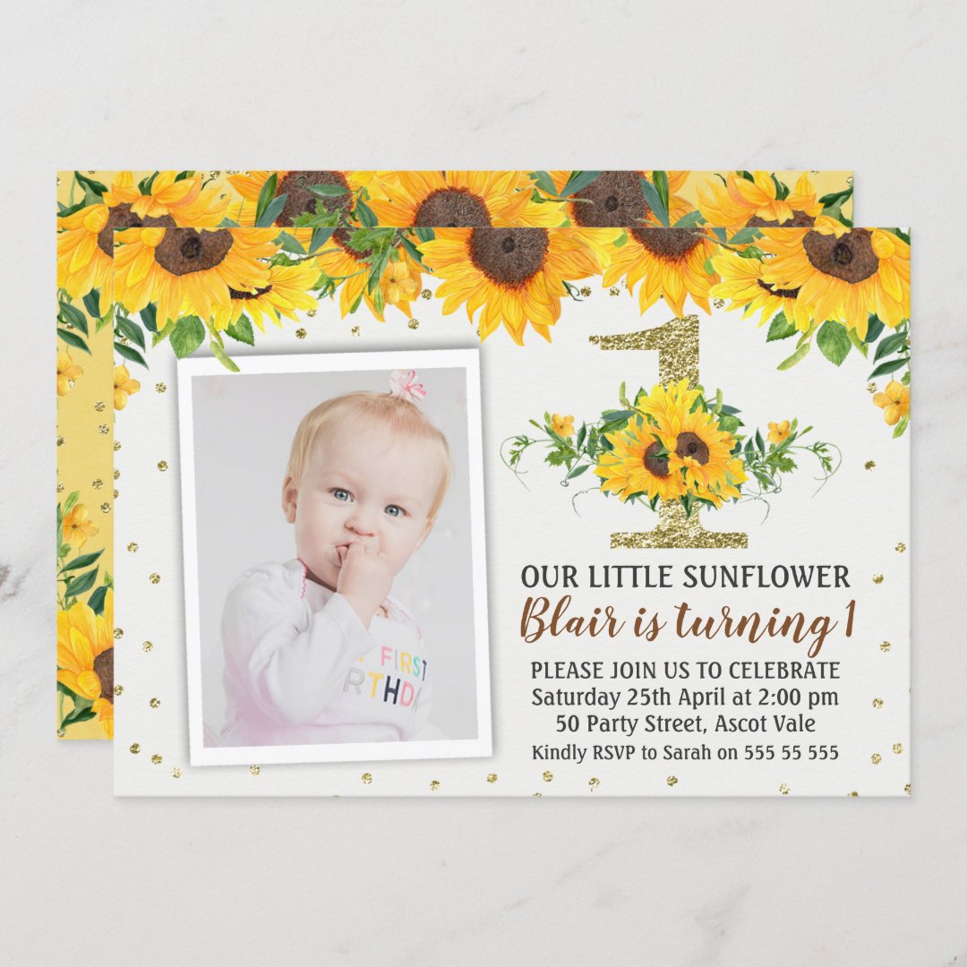 Sunflower Photo First Birthday Invitation Girl | Zazzle