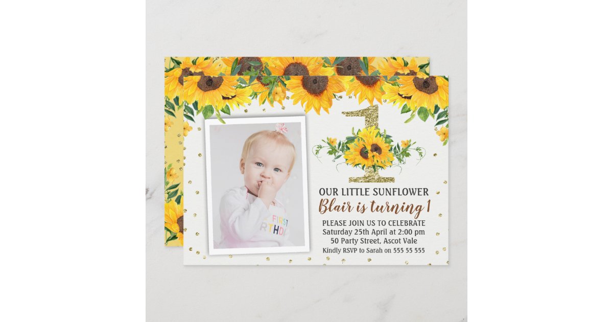 Sunflower Photo First Birthday Invitation Girl | Zazzle