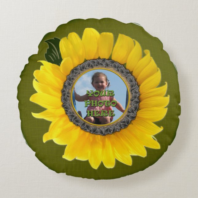 Sunflower Photo Frame Round Pillow (Front)