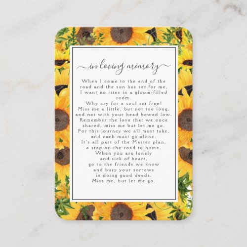 Sunflower Photo Funeral Memorial Poem Card