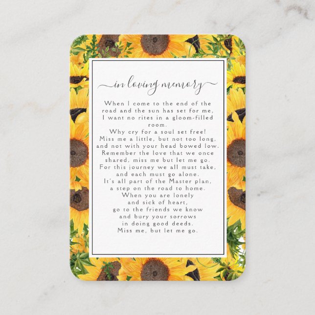 Sunflower Photo Funeral Memorial Poem Card (Front)