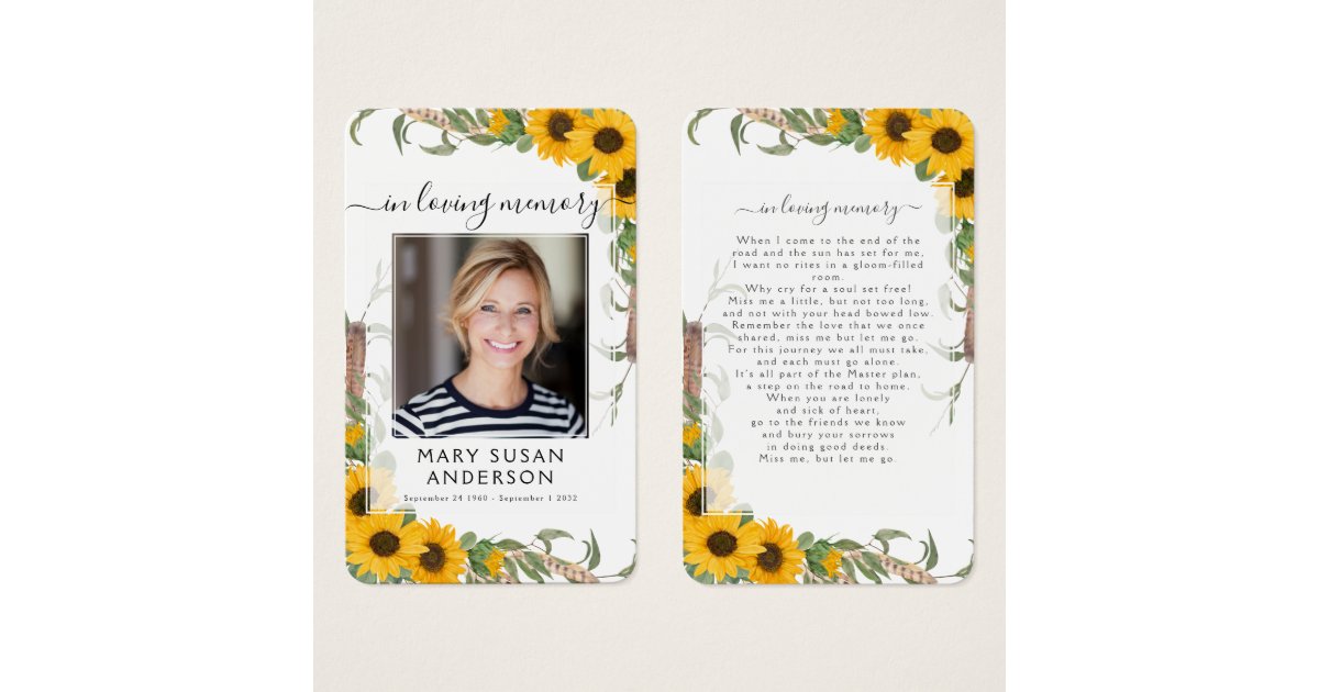 Sunflower Photo Funeral Memorial Poem Card Zazzle