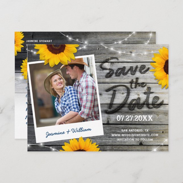 Sunflower Photo Gray Rustic Wedding Save the Date Announcement Postcard (Front/Back)
