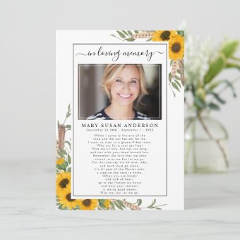 Sunflower Photo In Loving Memory Funeral Poem Card | Zazzle