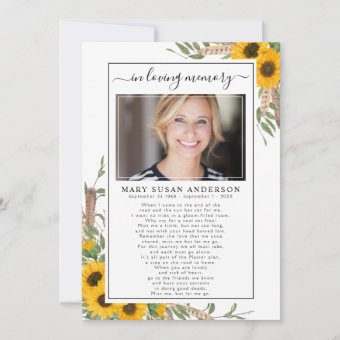 Sunflower Photo In Loving Memory Funeral Poem Card | Zazzle