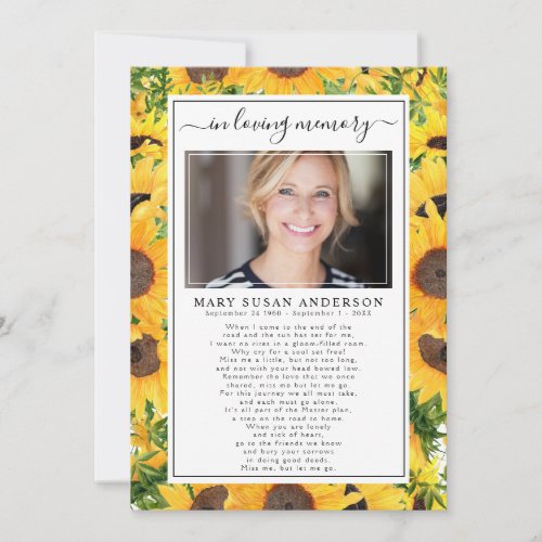 Sunflower Photo In Loving Memory Funeral Poem Card