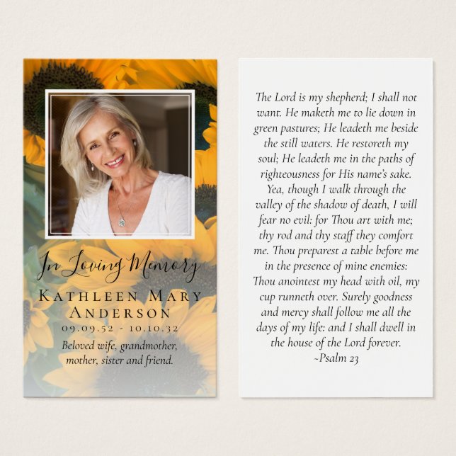 Sunflower Photo Memorial Prayer Card (Front & Back)