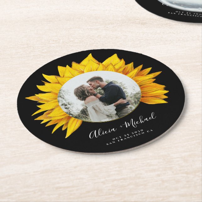 Sunflower photo rustic wedding save the date round paper coaster (Angled)