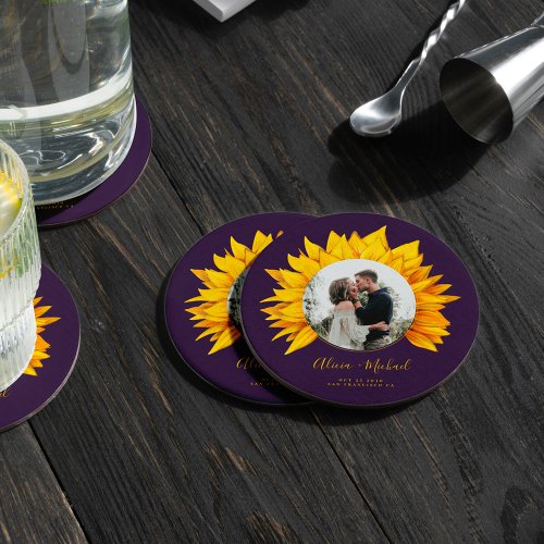 Sunflower photo rustic wedding save the date round paper coaster