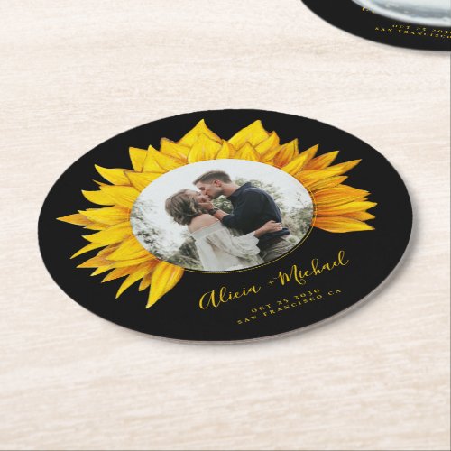 Sunflower photo rustic wedding save the date round paper coaster