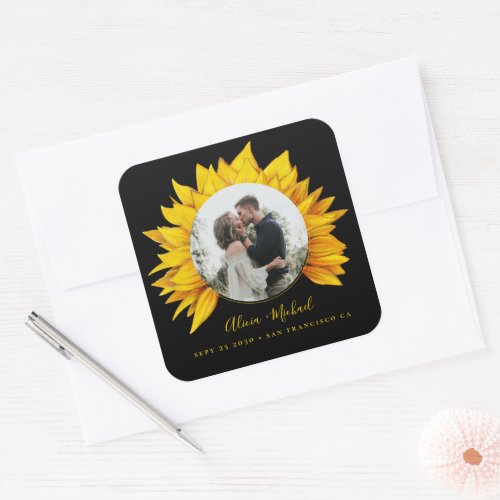 Sunflower photo rustic wedding save the date square sticker