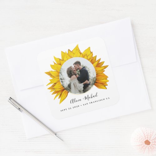 Sunflower photo rustic wedding save the date square sticker