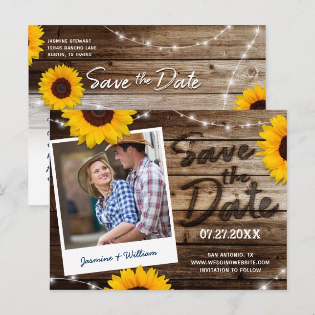 Sunflower Photo Rustic Wood Wedding Save the Date Announcement Postcard (Front/Back)