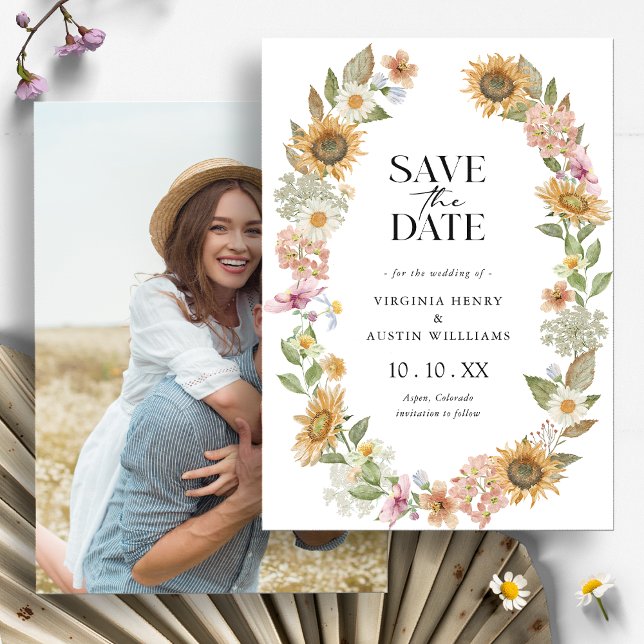 Sunflower Photo Save the Date Card (Watercolor Wildflower Sunflower Wreath Floral Photo Save the Date Card
by Painted Paperie)