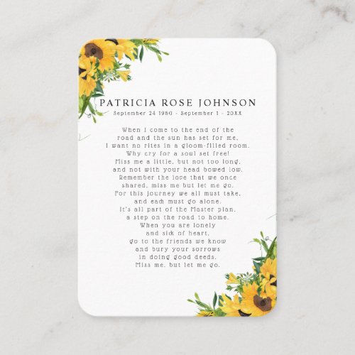 Sunflower Photo Sympathy Funeral Memorial Card
