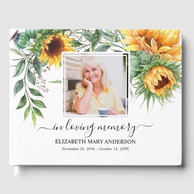 Sunflower Photo Sympathy Funeral Watercolor Guest Book (Front)