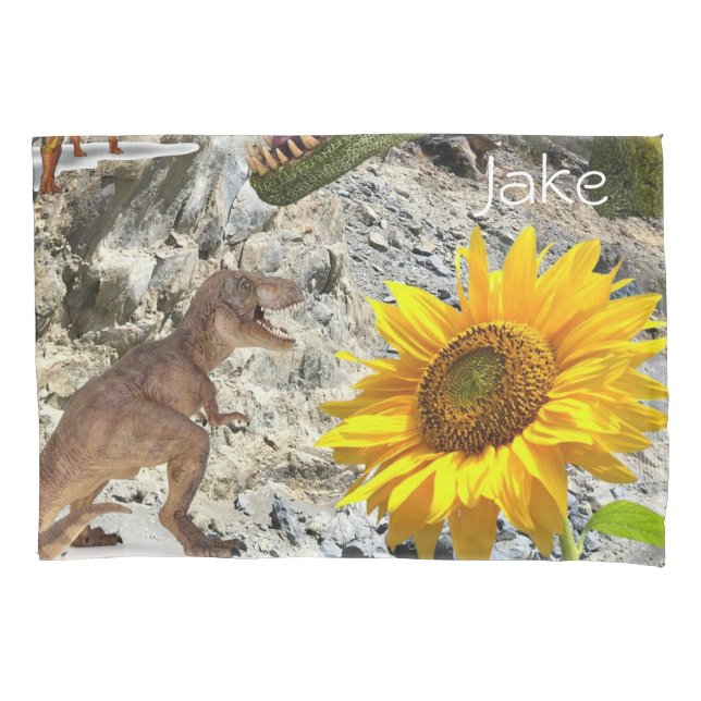 Sunflower Pillow Case, Floral Dinosaur Pillow Case (Front)