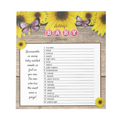 Sunflower Pink Baby Shower Word Scramble Game Notepad