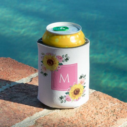 Sunflower Pink Botanical Watercolor Monogrammed Can Cooler