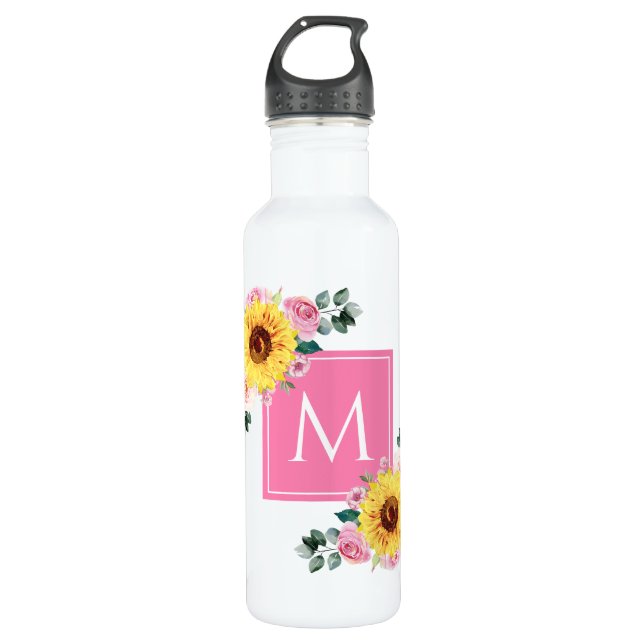 Sunflower Pink Botanical Watercolor Monogrammed Stainless Steel Water Bottle (Front)