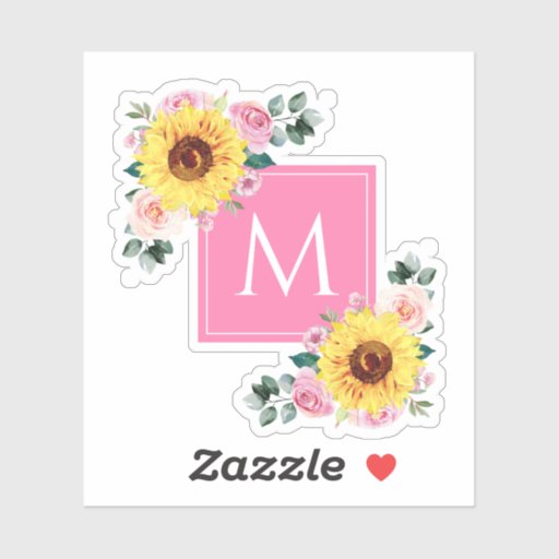 Sunflower Pink Botanical Watercolor Monogrammed  Sticker