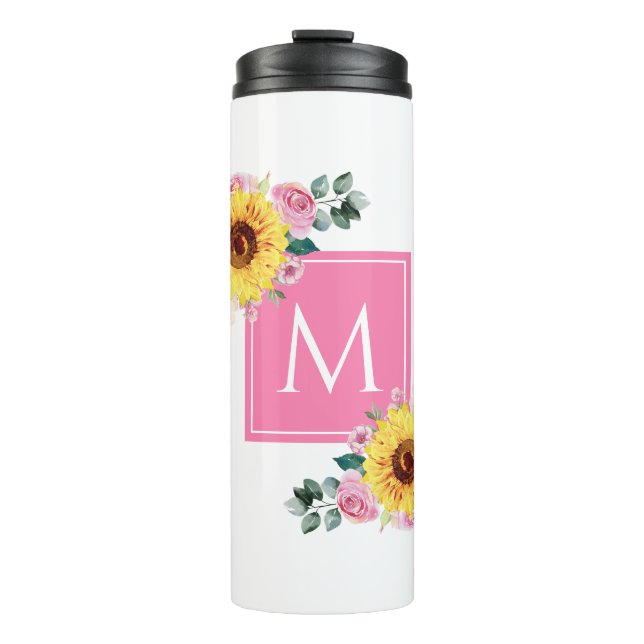 Sunflower Pink Botanical Watercolor Monogrammed Thermal Tumbler (Front)