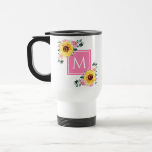 Sunflower Pink Botanical Watercolor Monogrammed Travel Mug