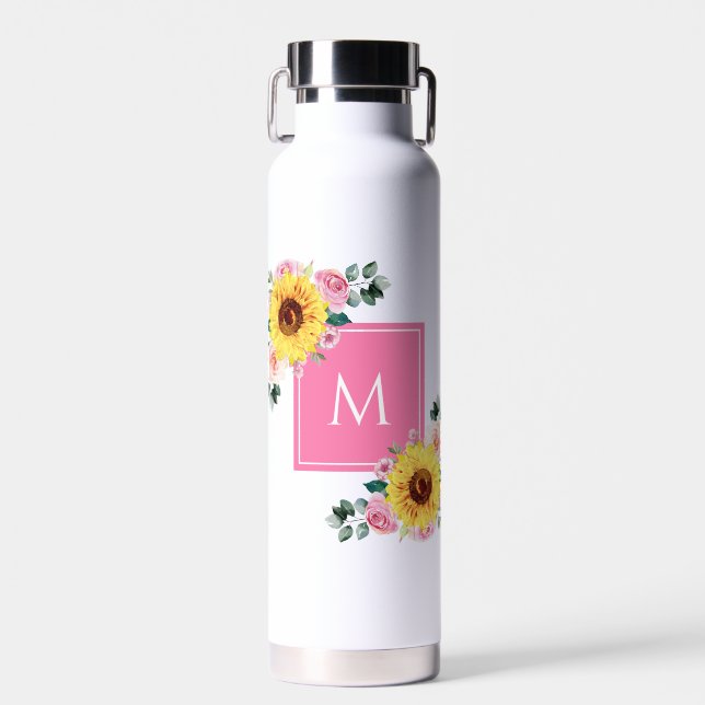 Sunflower Pink Botanical Watercolor Monogrammed Water Bottle (Front)