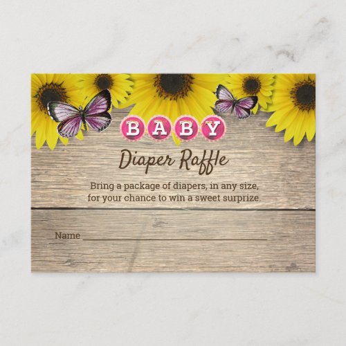 Sunflower Pink Butterfly Baby Shower Diaper Raffle Enclosure Card