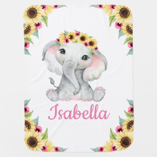 Sunflower Pink Elephant Girl Blanket Custom Name