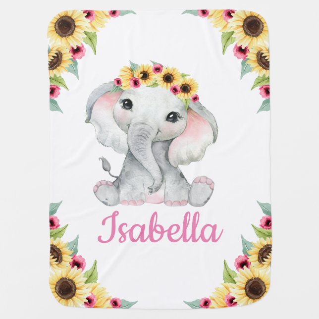 Sunflower Pink Elephant Girl Blanket Custom Name (Front)