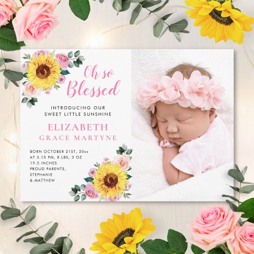 Sunflower Pink Floral Baby Girl Birth Announcement