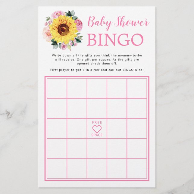 Sunflower Pink Floral Baby Shower Bingo Game (Front)