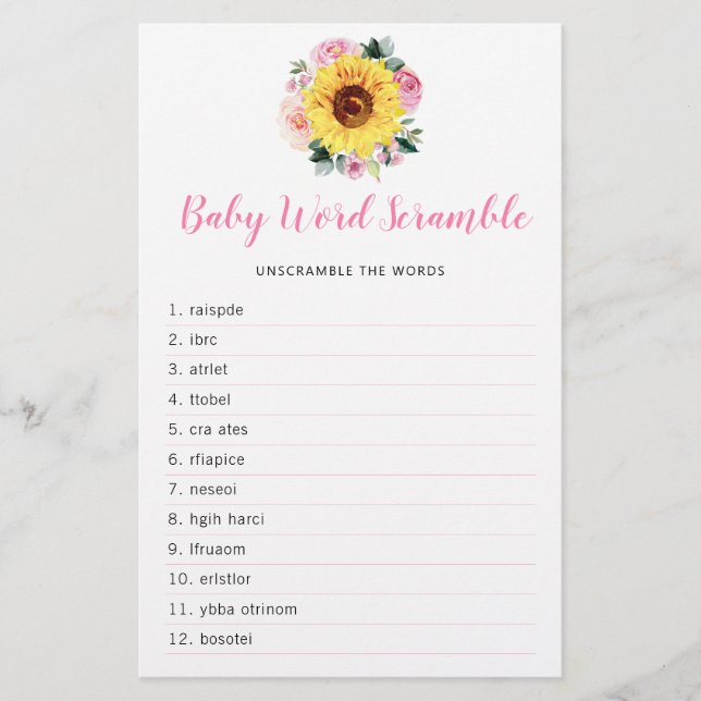Sunflower Pink Floral Baby Shower Word Game (Front)