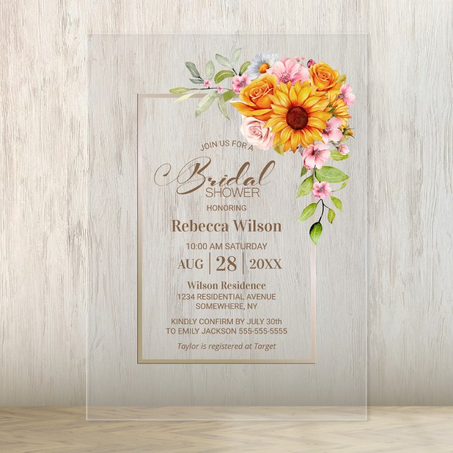Sunflower Pink Floral Bridal Shower Acrylic Invitations (Creator Uploaded)