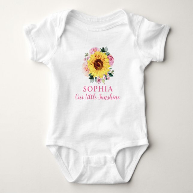 Sunflower Pink Floral Personalized Name Baby Bodysuit (Front)
