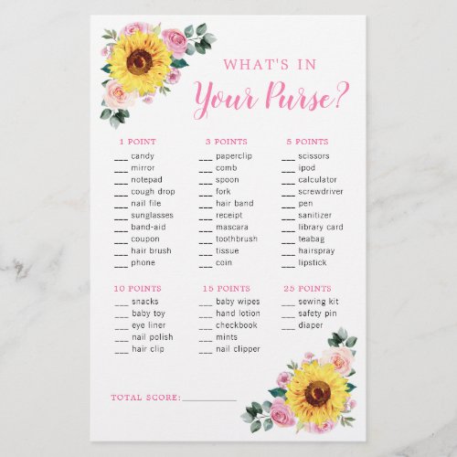 Sunflower Pink Floral Purse Baby Shower Game