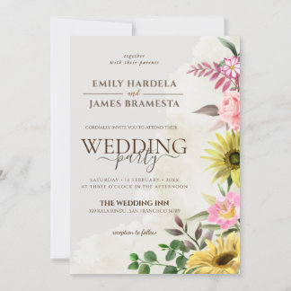Sunflower Pink Floral Spring Wedding Invitation