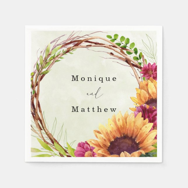 Sunflower Pink Floral Wreath Wedding Napkins (Front)