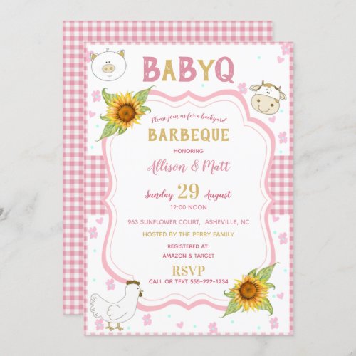 Sunflower Pink Gingham Baby Q Barbecue Invitation