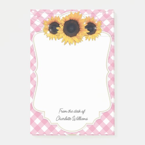 Sunflower Pink Gingham Custom Name Post_it Notes