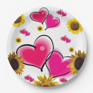 Sunflower Pink Hearts Paper Plates