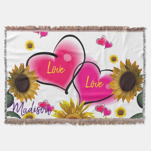 Sunflower Pink Hearts Throw Blanket