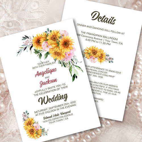 Sunflower Pink Rose All In One Wedding Invitation
